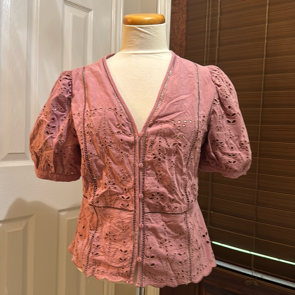 Liv Los Angeles Eyelet Puff Sleeve Pink Mauve Blouse Size M